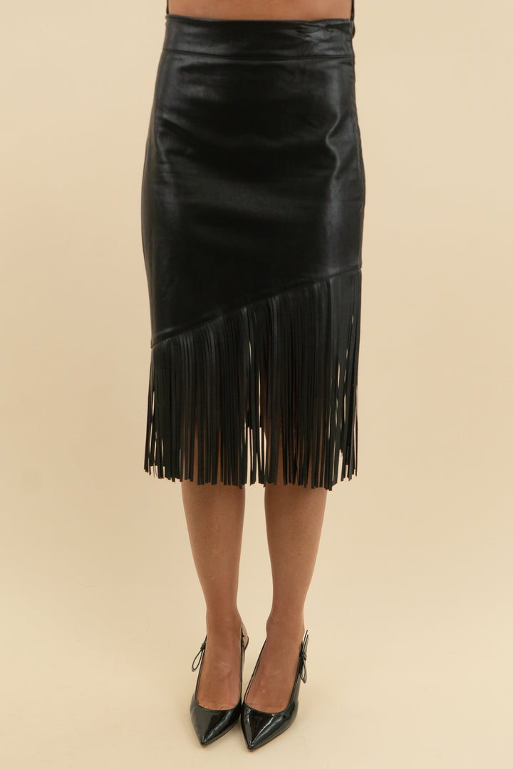 asos black vegan leather fringe midi skirt (4)