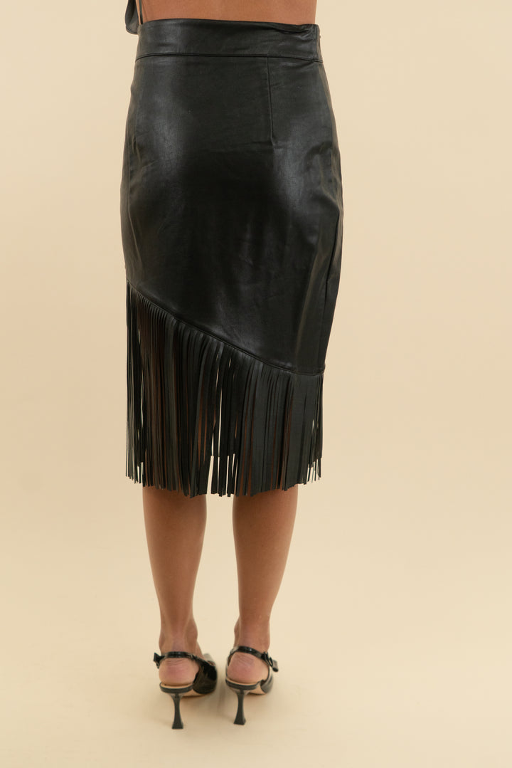 asos black vegan leather fringe midi skirt (4)