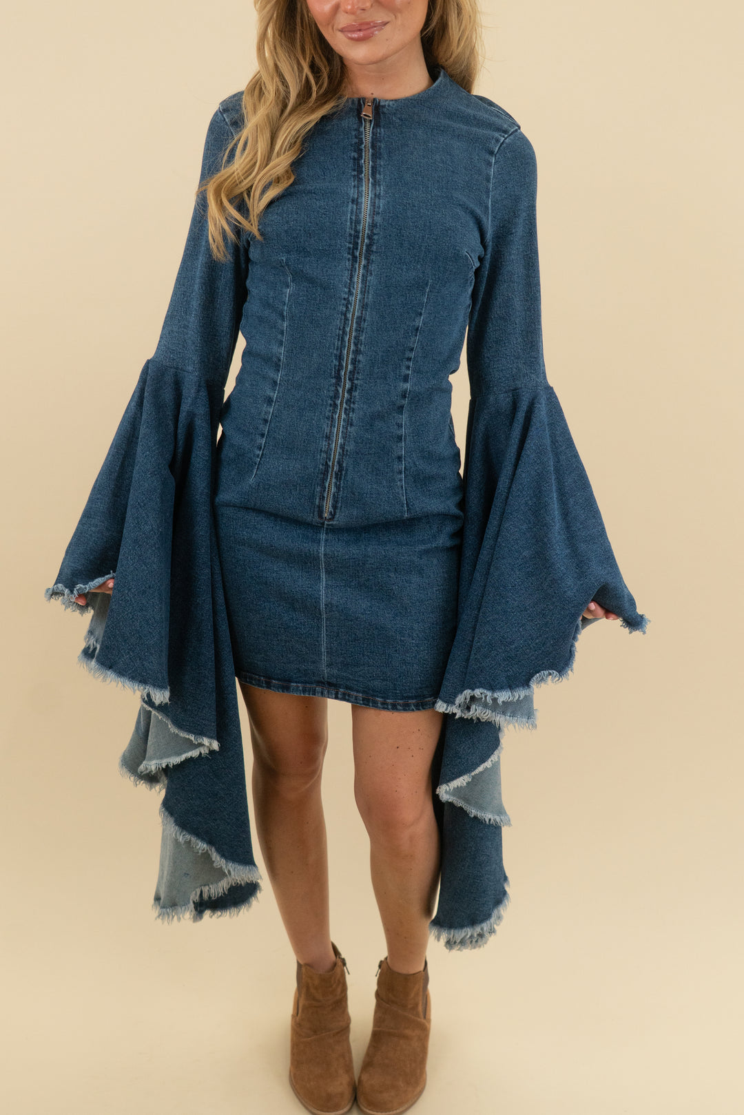 akira dramatic denim bell sleeve dress nwt (s; retail $79.90)