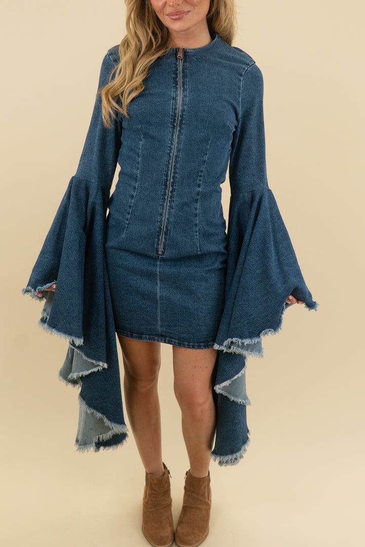 akira dramatic denim bell sleeve dress nwt (s; retail $79.90)