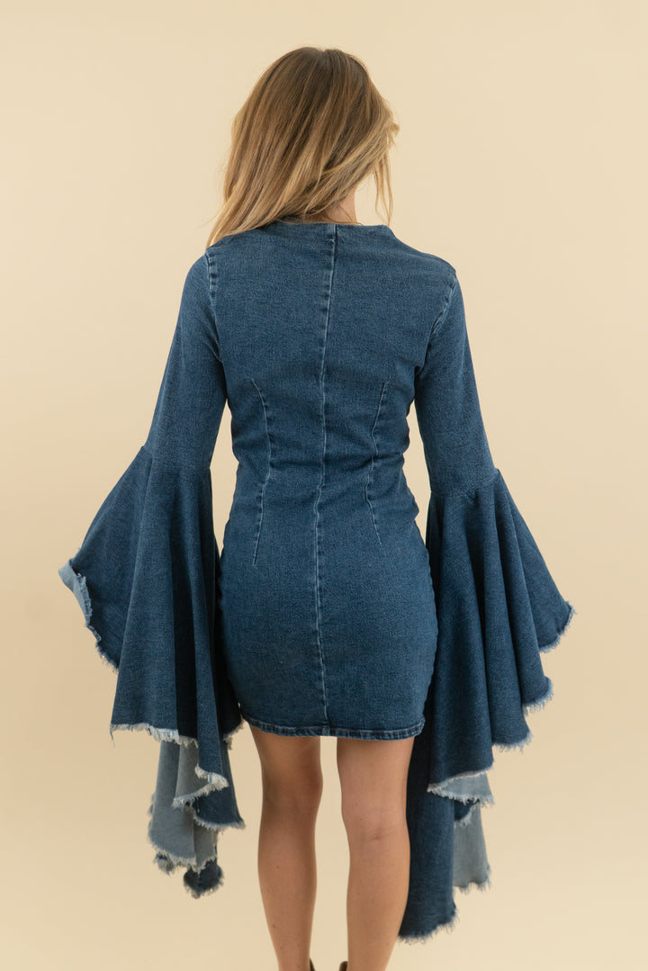 akira dramatic denim bell sleeve dress nwt (s; retail $79.90)