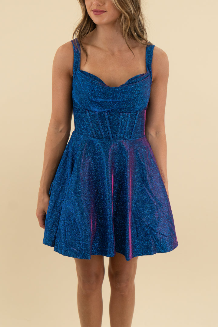 b. darlin royal blue metallic dress nwt (xs; retail $99)