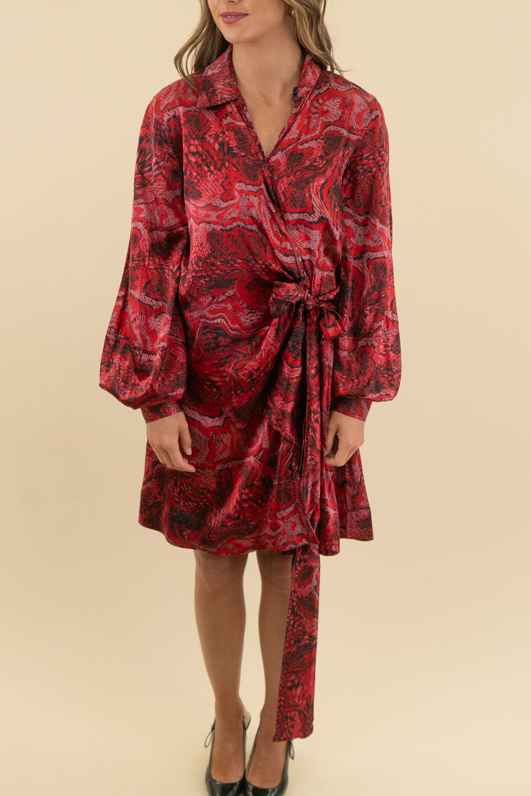 gianni red and black silk print wrap dress (s; retail $540)
