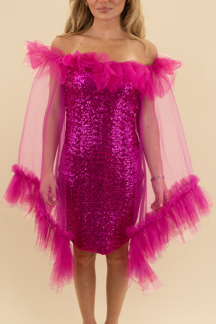 katie lena creative magenta sequin and tulle dress (s)