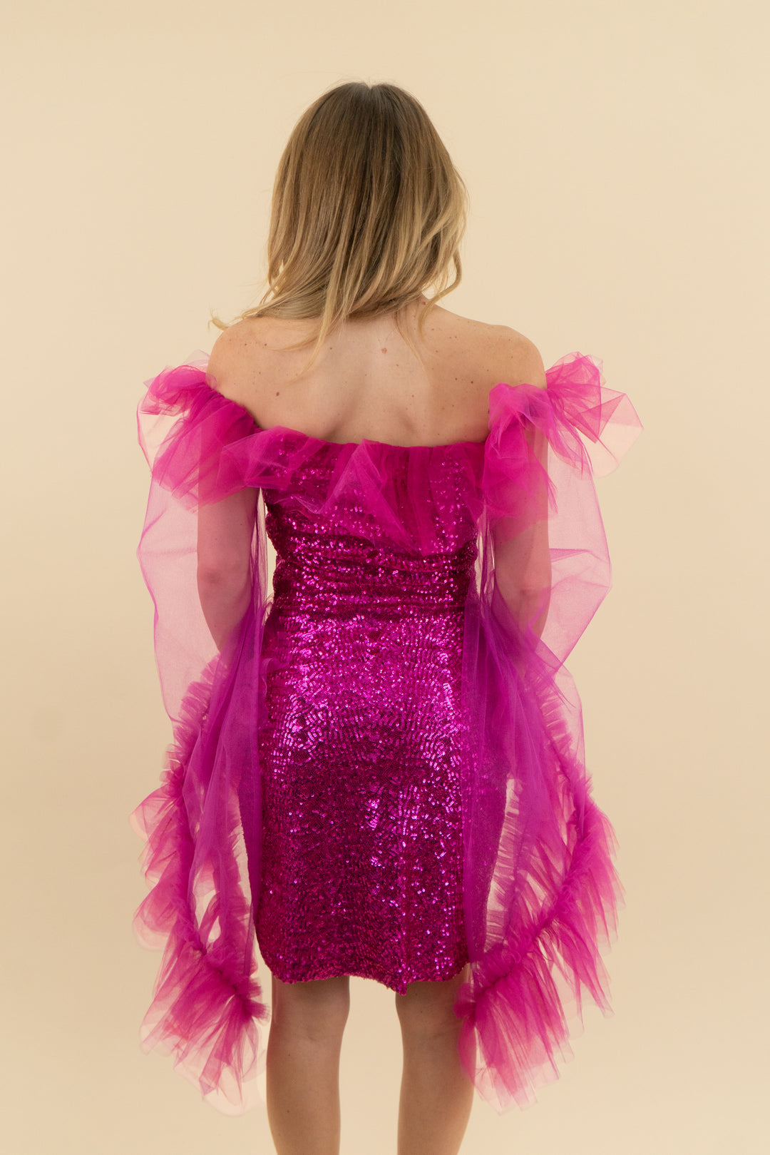 katie lena creative magenta sequin and tulle dress (s)