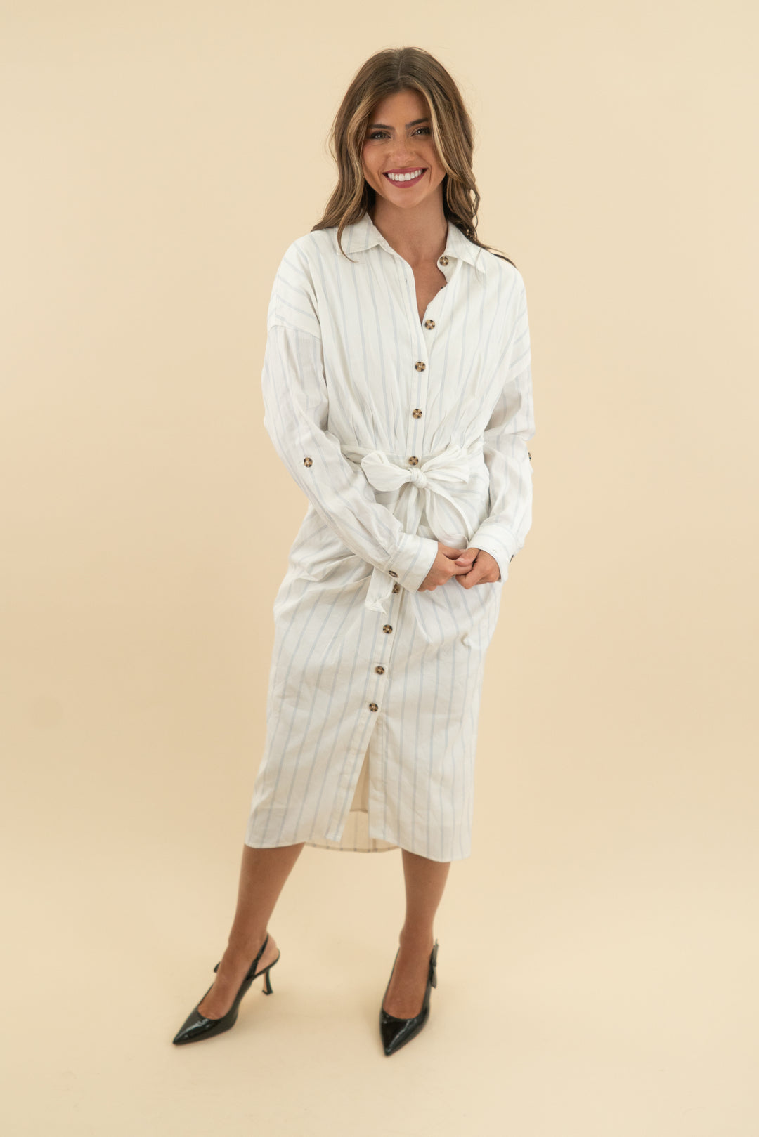 antonio melani white button down collar long sleeve tie waist midi shirt dress (s;retail $179)