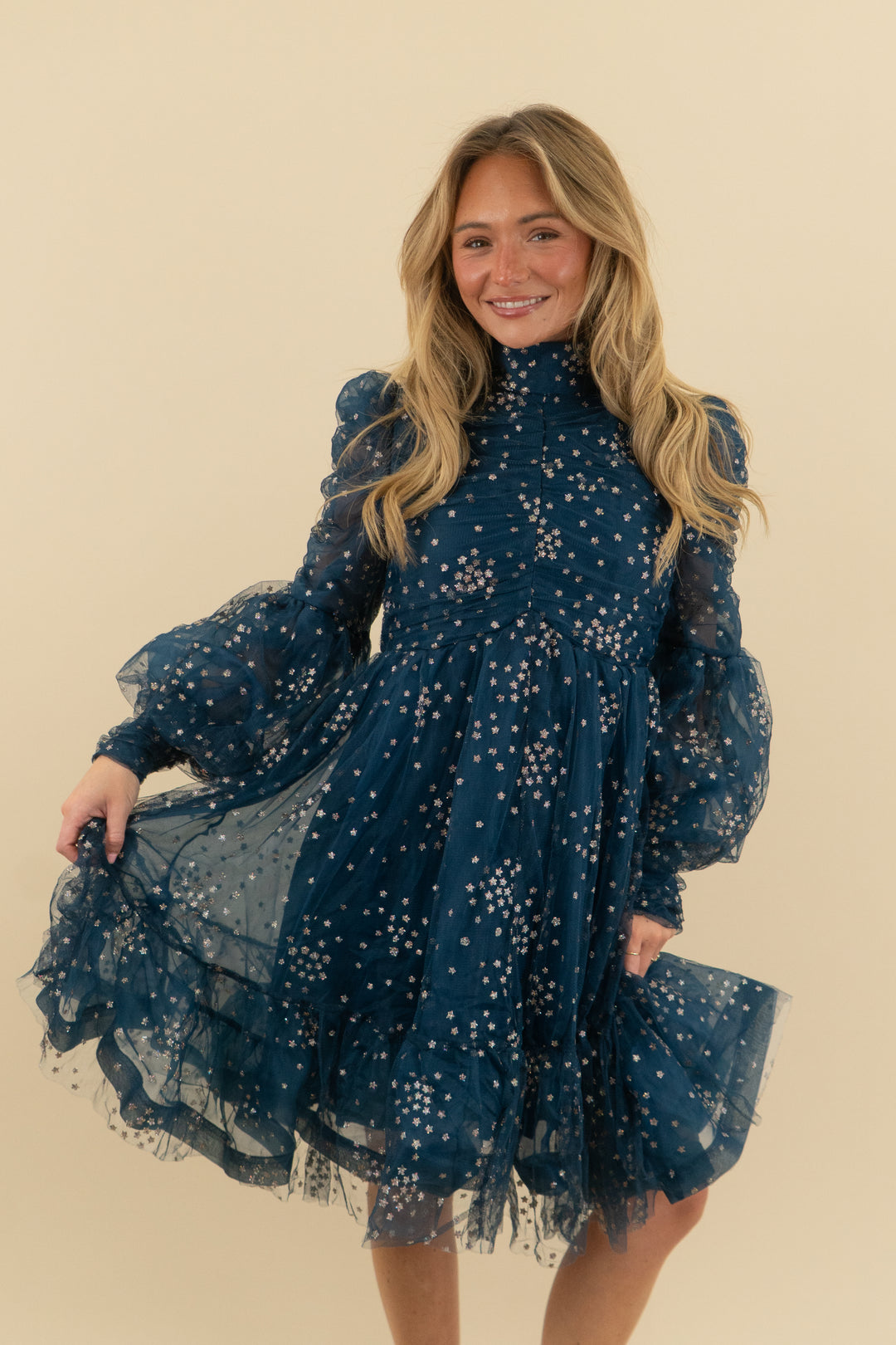 catchall tie-neck navy star-embellished ruffle mini dress (s, retail $118)