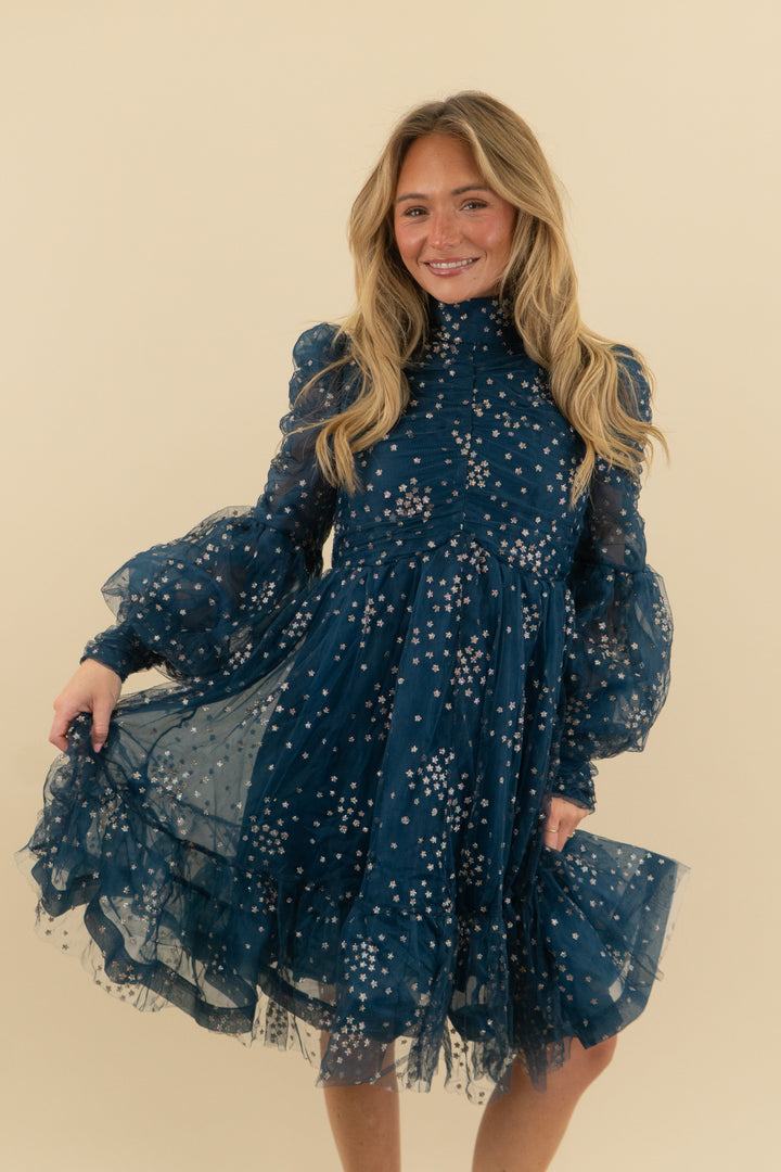 catchall tie-neck navy star-embellished ruffle mini dress (s, retail $118)