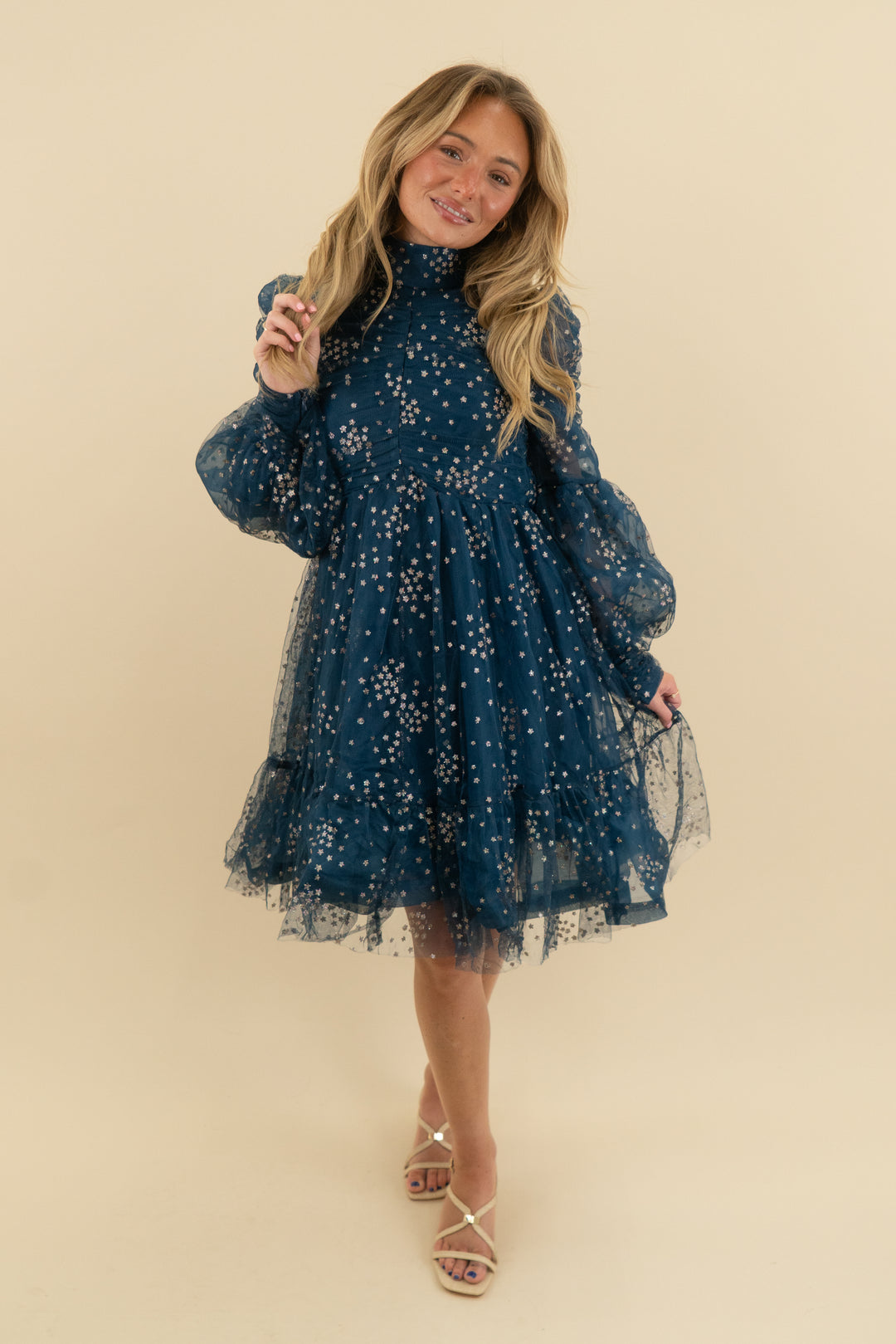 catchall tie-neck navy star-embellished ruffle mini dress (s, retail $118)