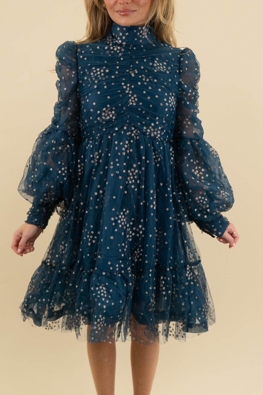 catchall tie-neck navy star-embellished ruffle mini dress (s, retail $118)