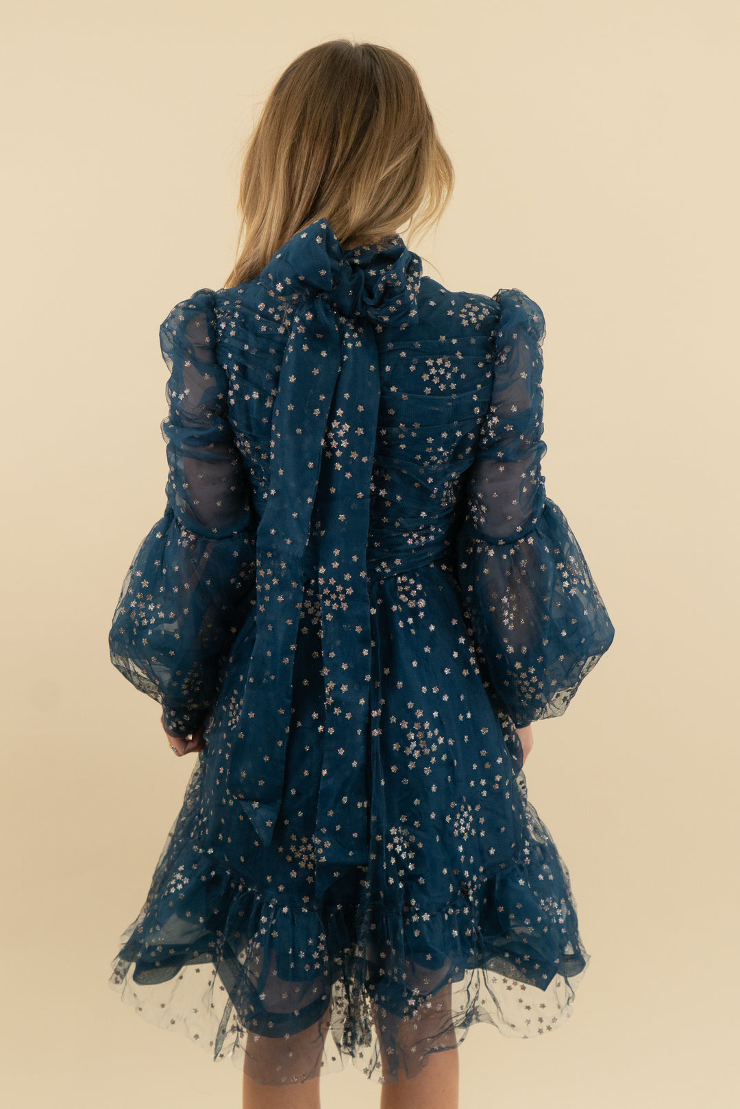 catchall tie-neck navy star-embellished ruffle mini dress (s, retail $118)