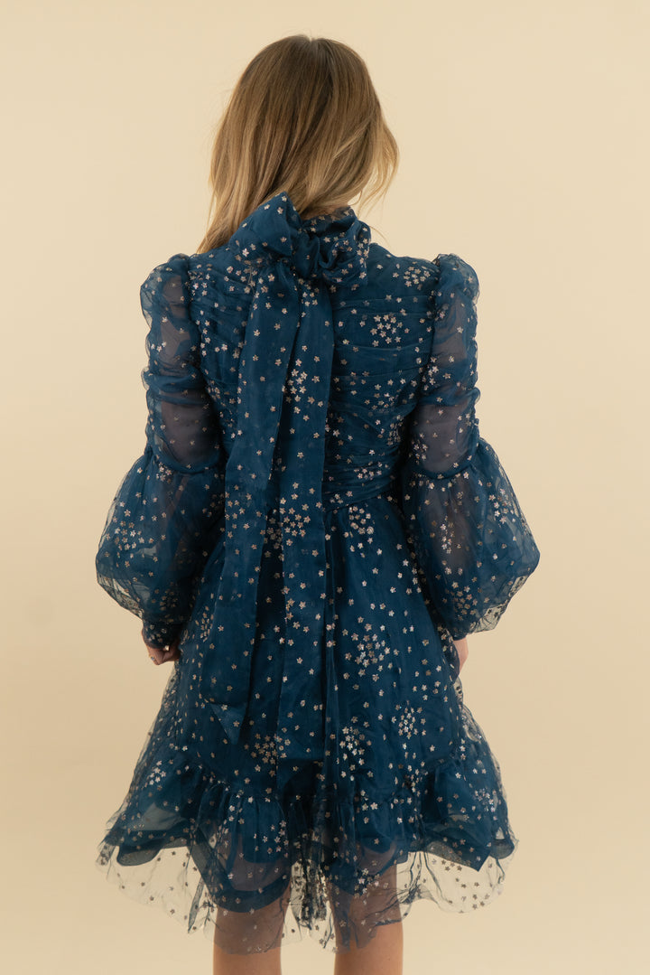 catchall tie-neck navy star-embellished ruffle mini dress (s, retail $118)