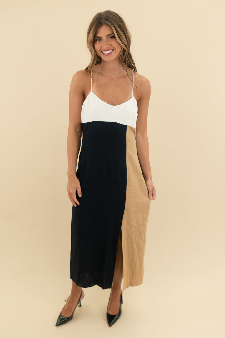 zara black spaghetti strap midi dress with brown panel (m; retail $99.90)
