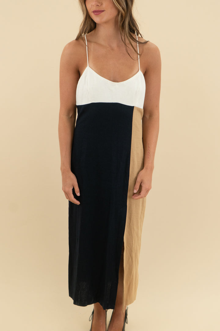 zara black spaghetti strap midi dress with brown panel (m; retail $99.90)