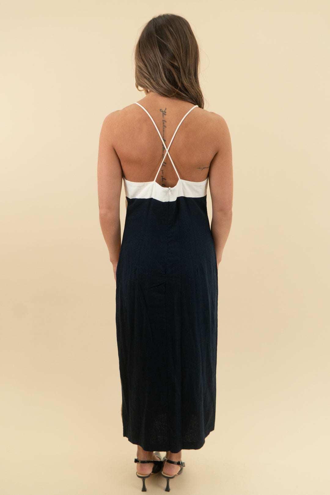 zara black spaghetti strap midi dress with brown panel (m; retail $99.90)