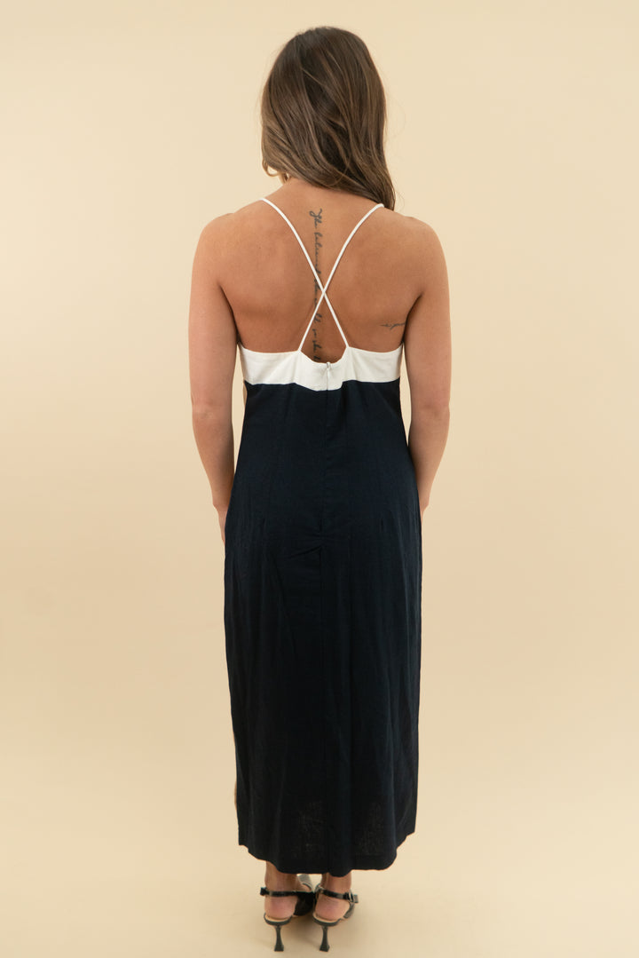 zara black spaghetti strap midi dress with brown panel (m; retail $99.90)