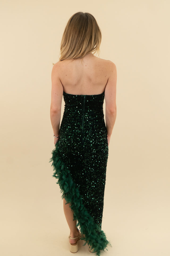 banjul dark green sequin feather strapless dress (s)