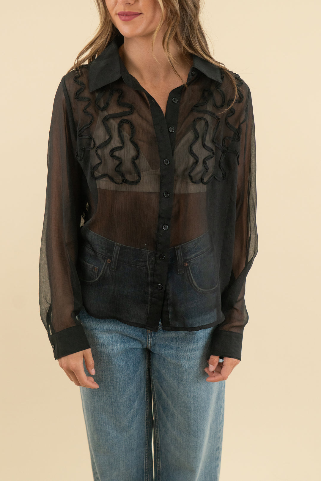 rivir black sheer long sleeve blouse (s)