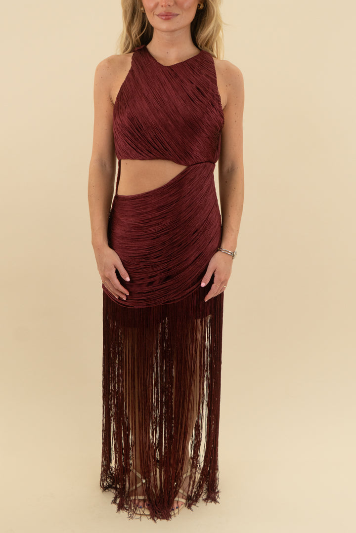 asos design burgundy fringe dress (6)