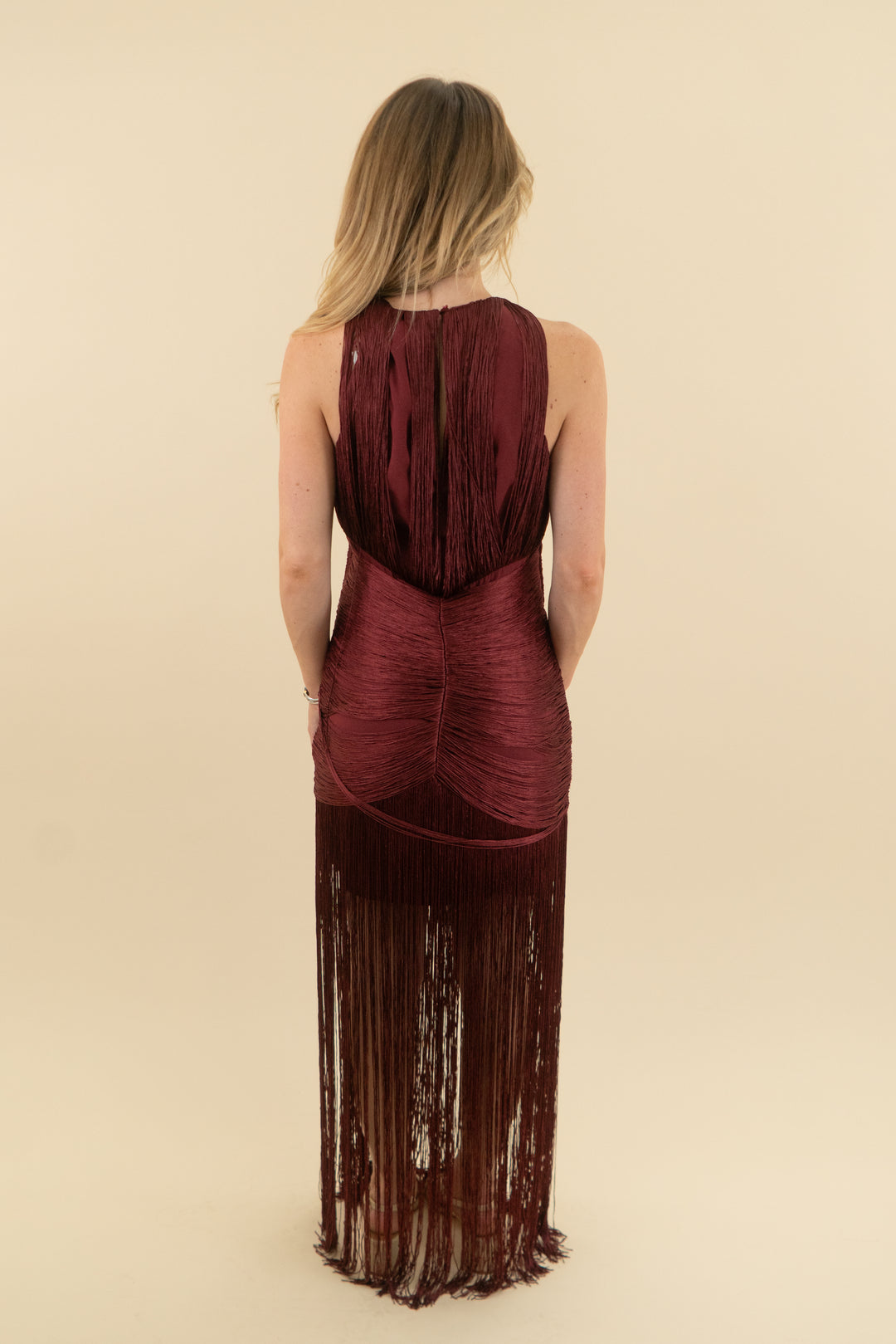asos design burgundy fringe dress (6)