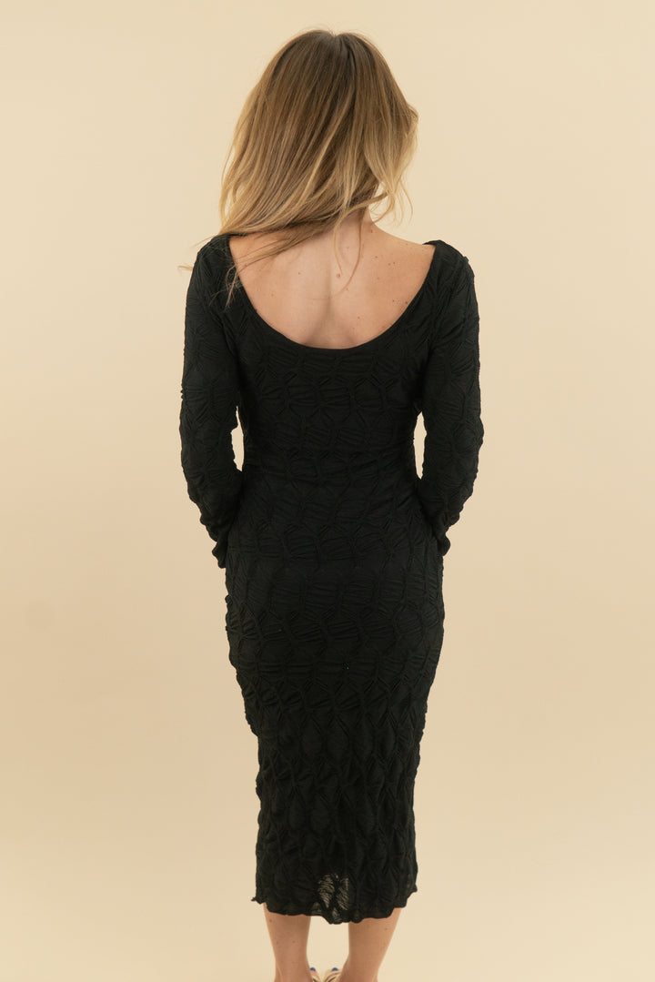 see you monday black ruched long sleeve midi dress nwt (s)