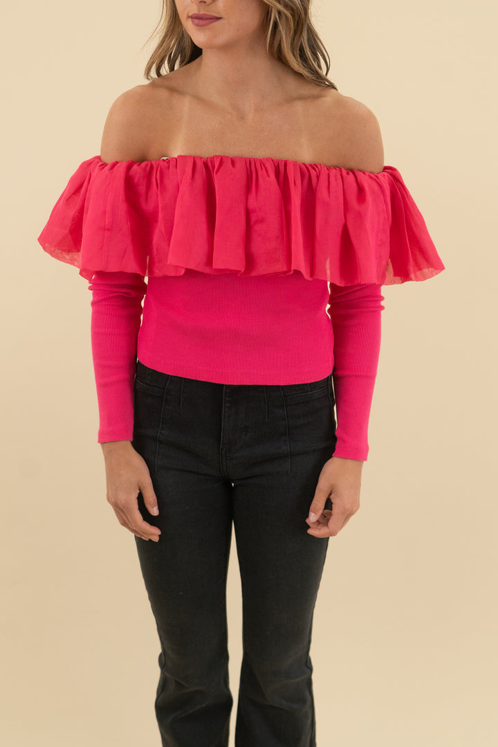 anthropologie pink off the shoulder ruffle top (xxs)