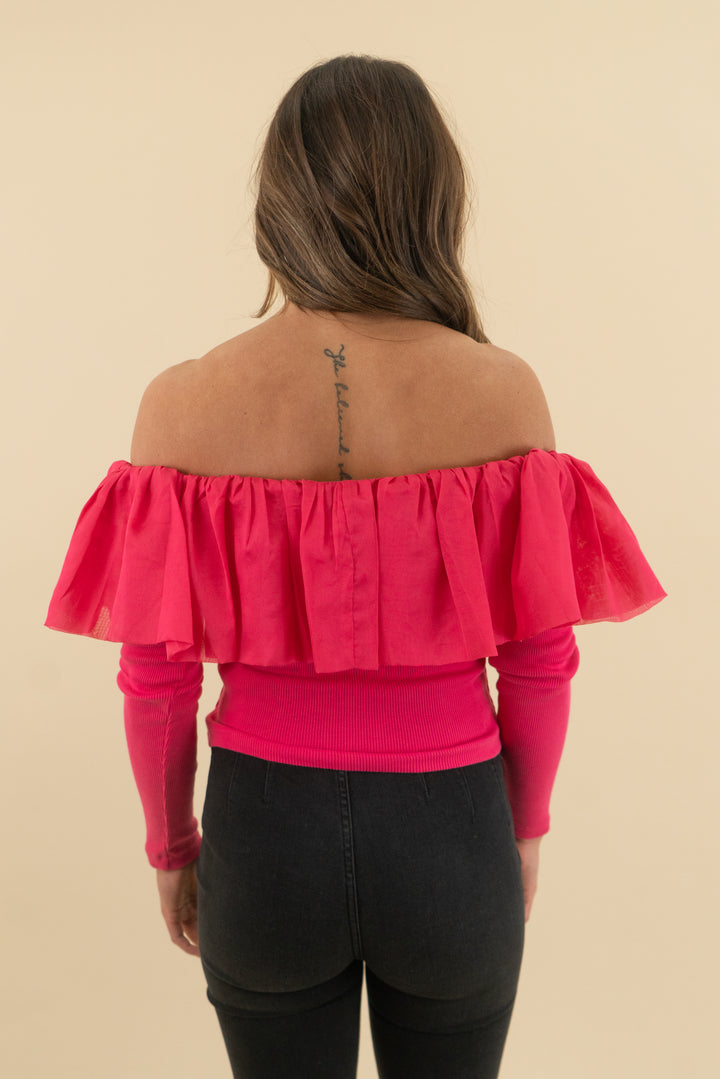 anthropologie pink off the shoulder ruffle top (xxs)