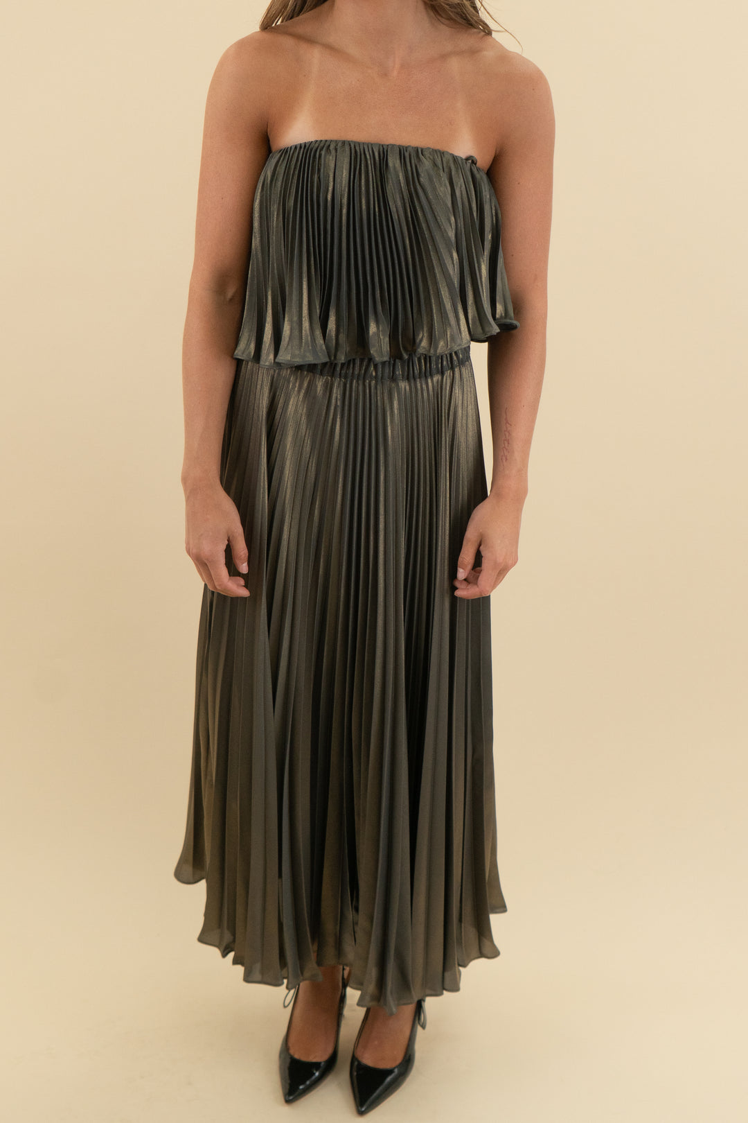 anthropologie green pleated strapless top and skirt set (2)