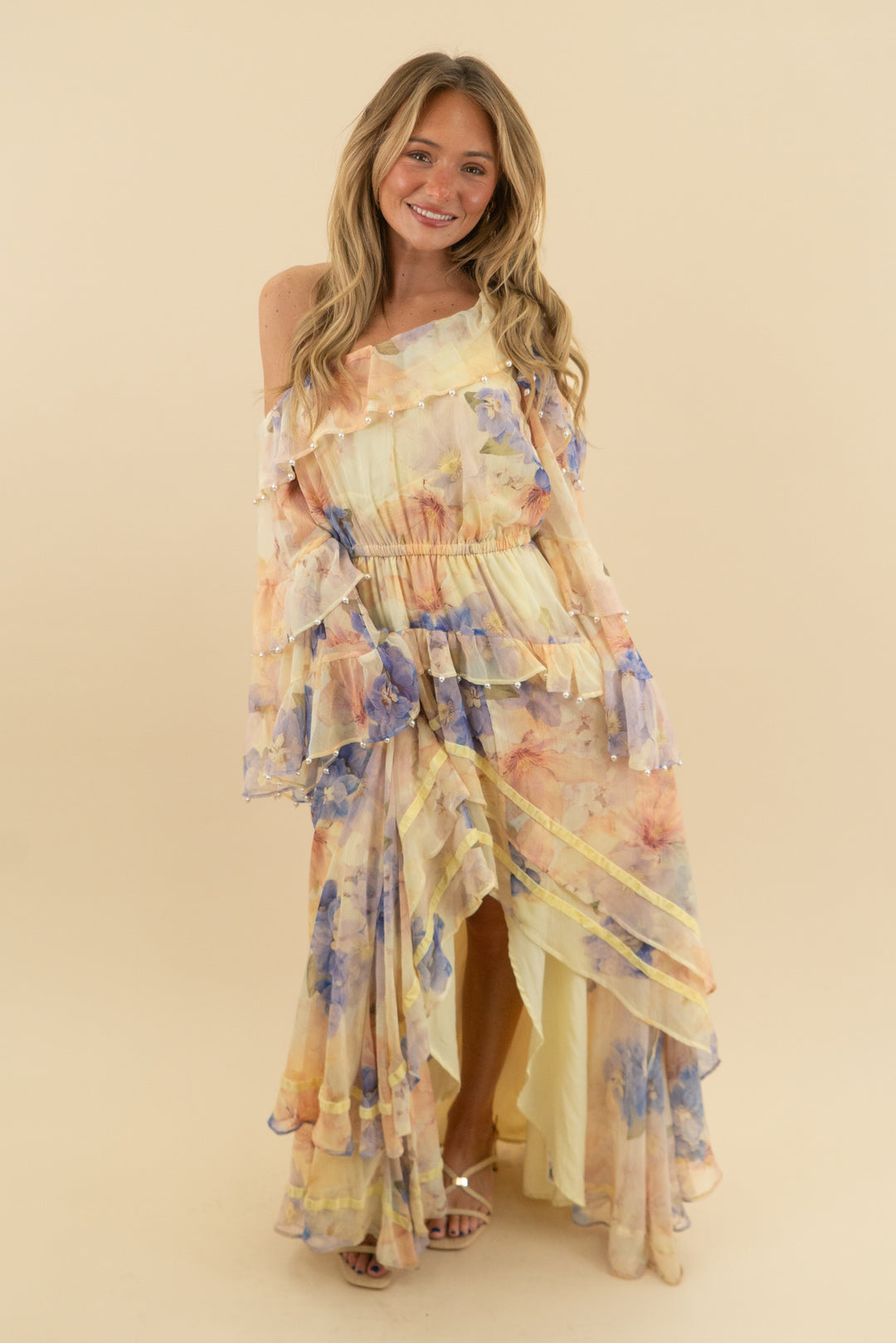 asos luxe yellow pearl embellished chiffon floral maxi (4)