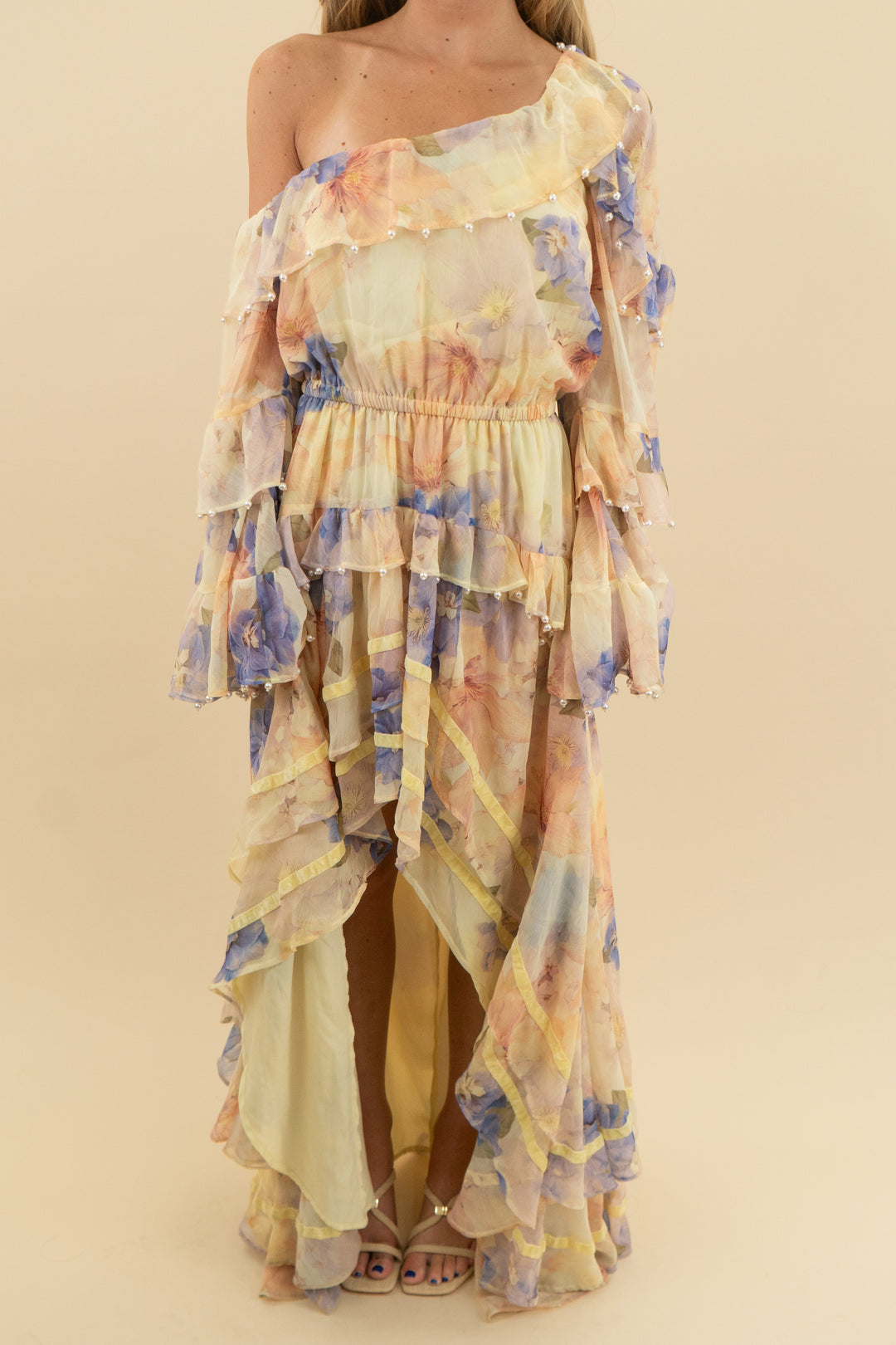 asos luxe yellow pearl embellished chiffon floral maxi (4)