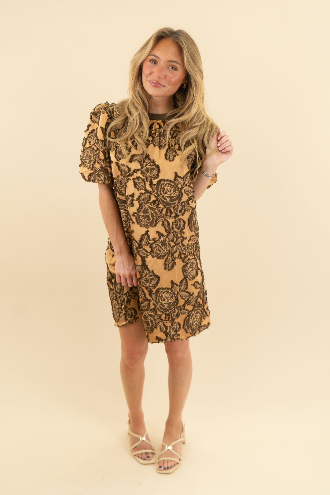 voy gold brown floral dress nwt (s; retail $72)