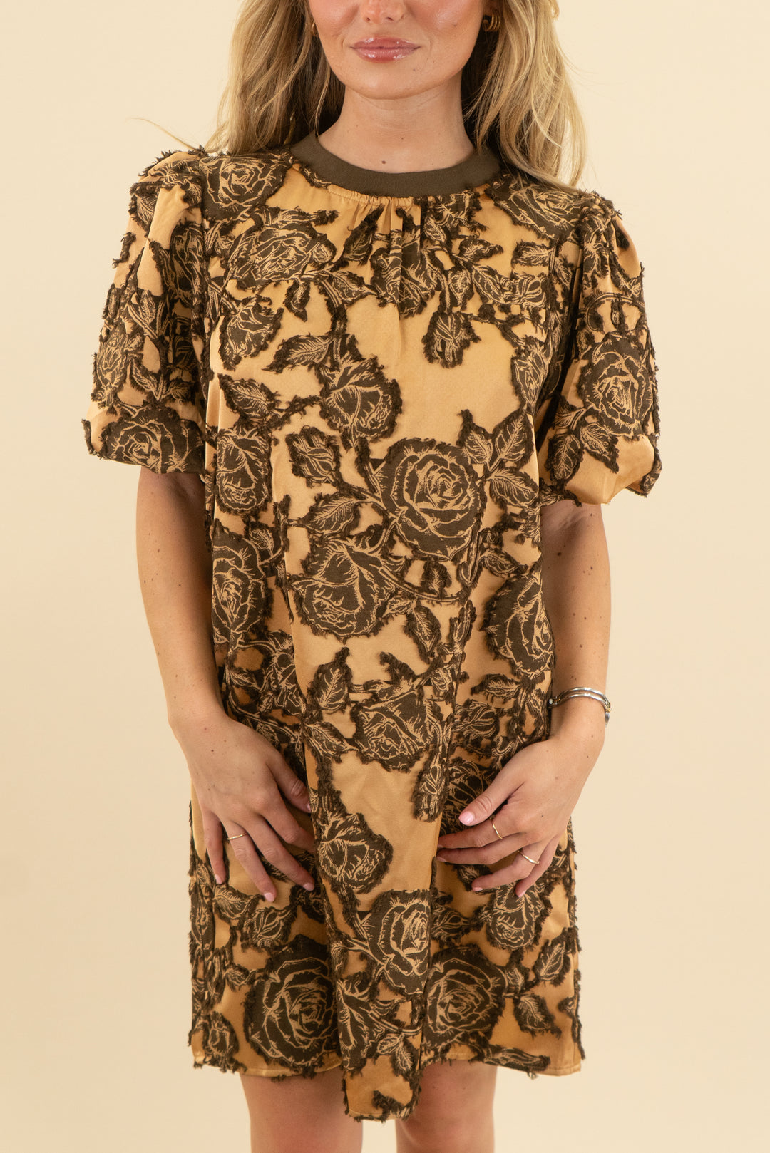 voy gold brown floral dress nwt (s; retail $72)