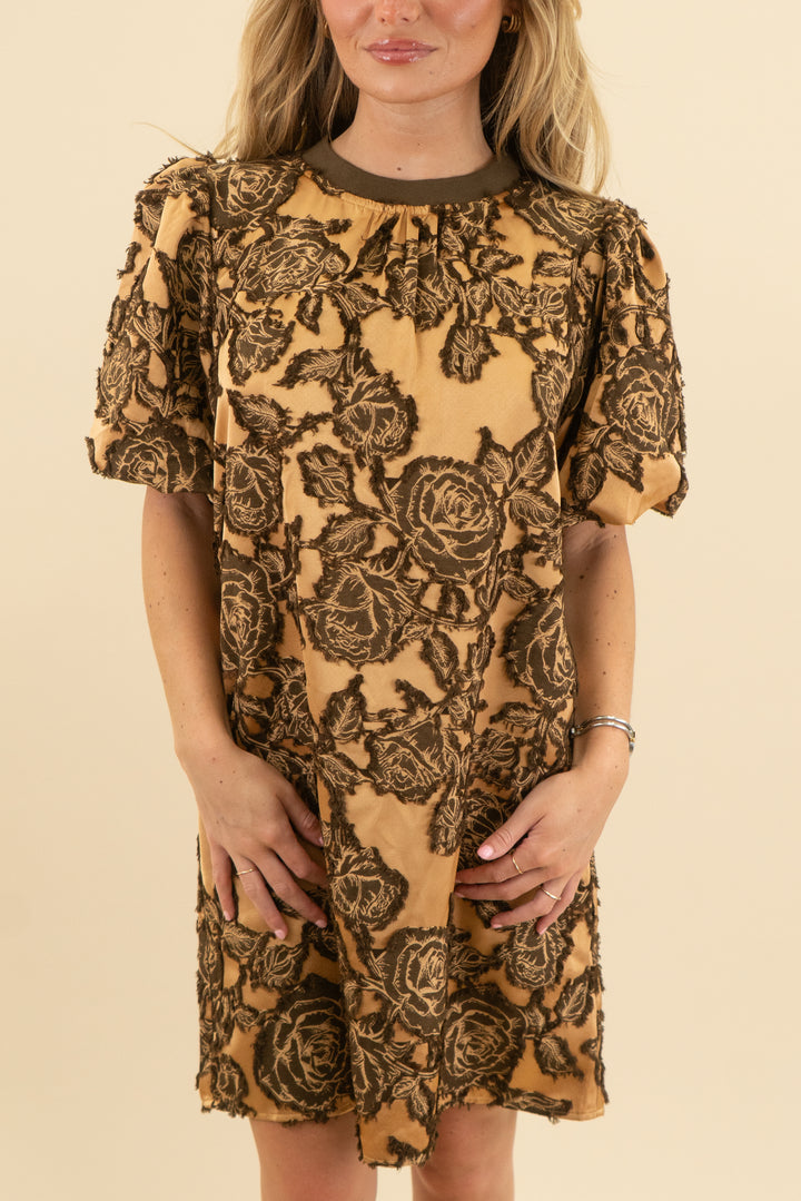 voy gold brown floral dress nwt (s; retail $72)