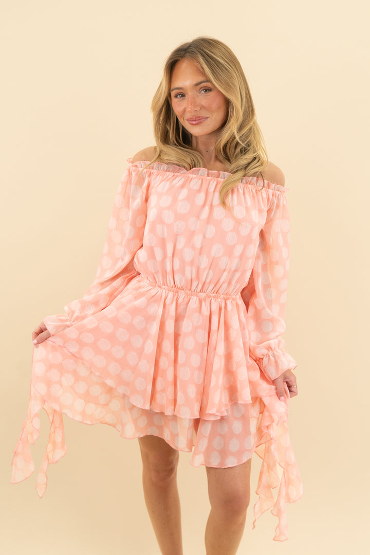 julia peach polka dot off the shoulder dress (s)