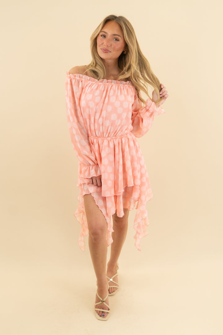 julia peach polka dot off the shoulder dress (s)