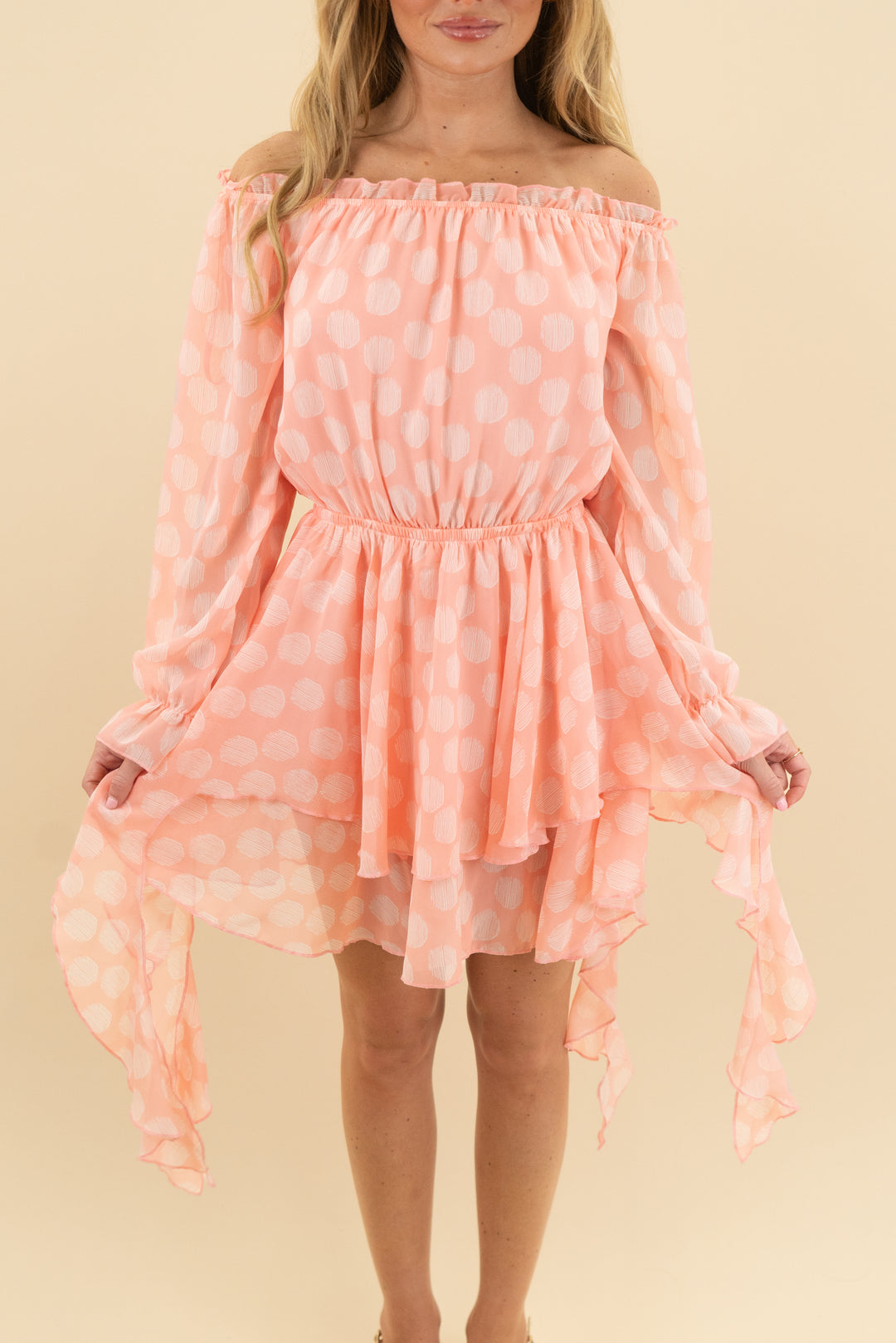 julia peach polka dot off the shoulder dress (s)