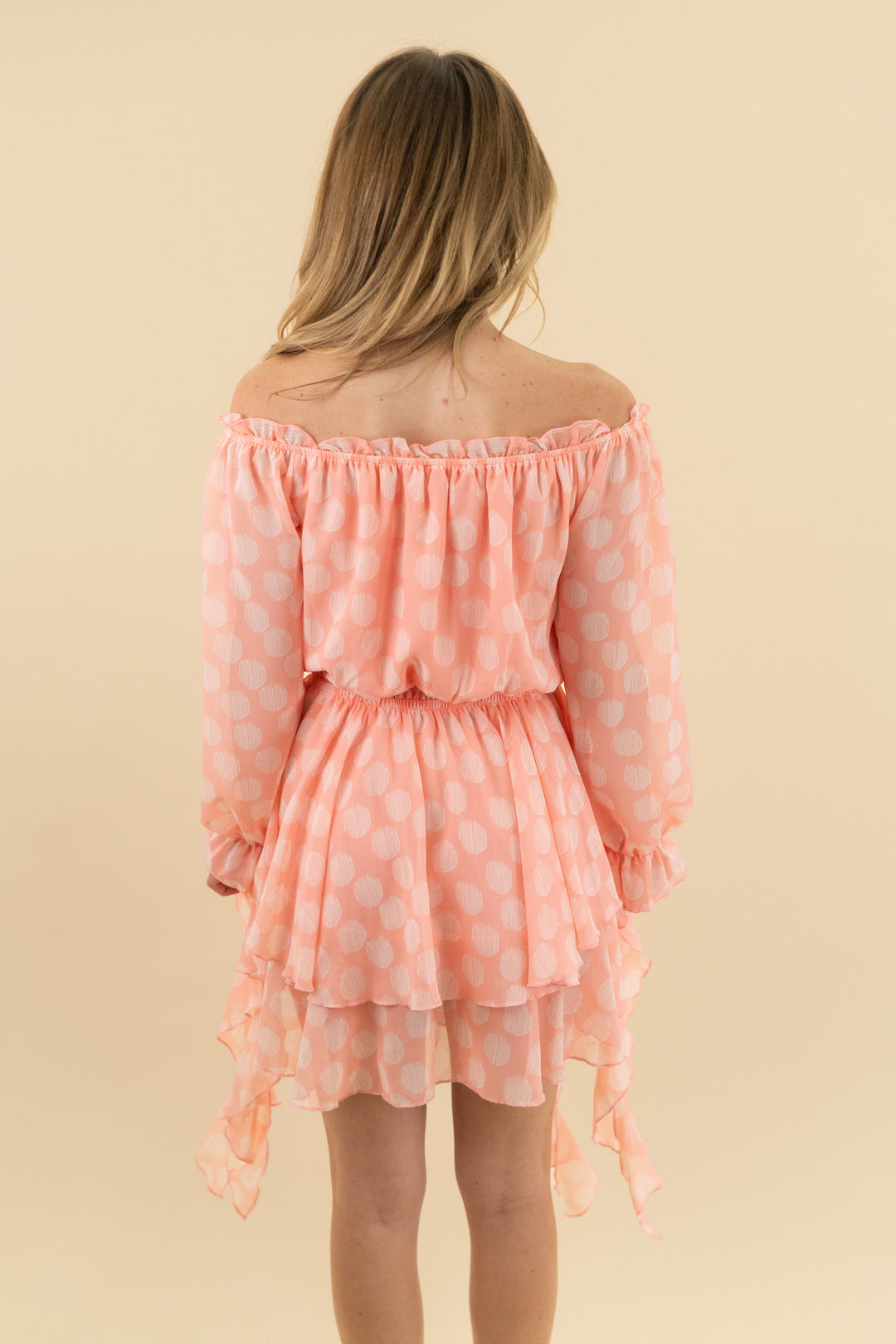 julia peach polka dot off the shoulder dress (s)