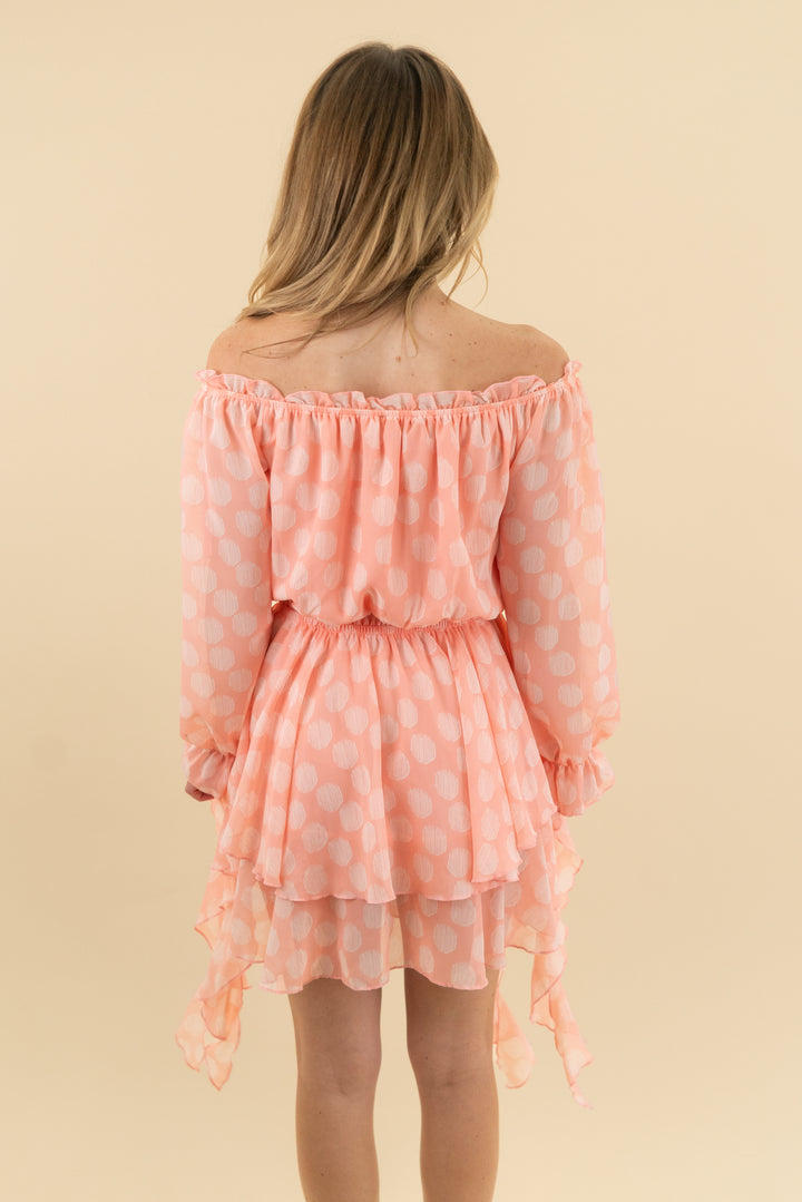 julia peach polka dot off the shoulder dress (s)