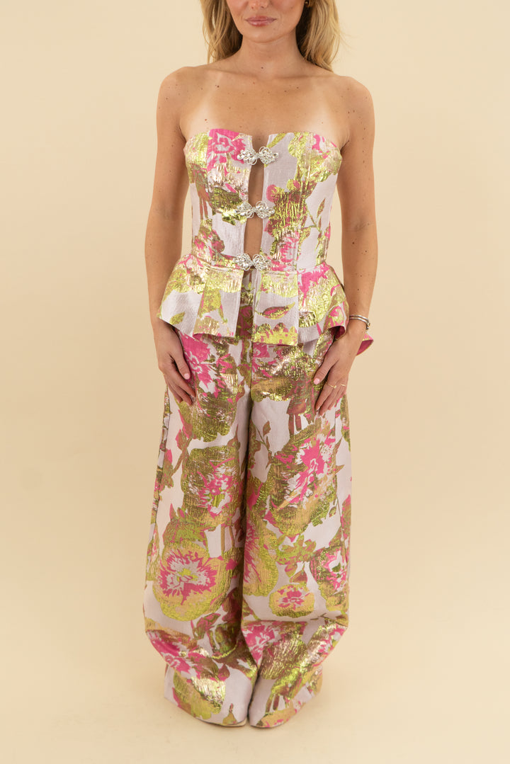 akira pink floral strapless top and wide leg pant set (s; retail $135)