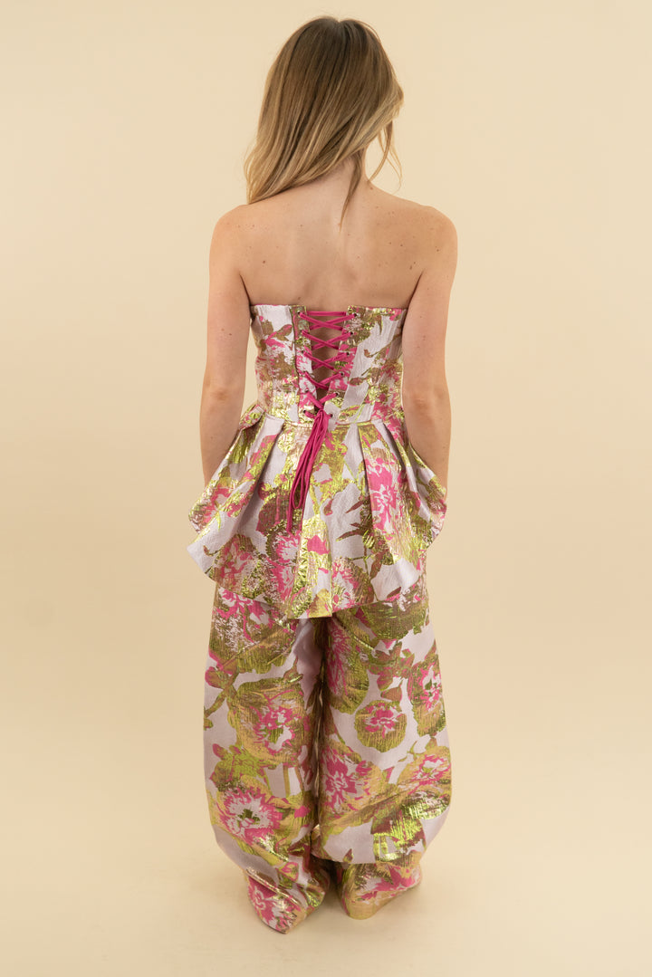 akira pink floral strapless top and wide leg pant set (s; retail $135)