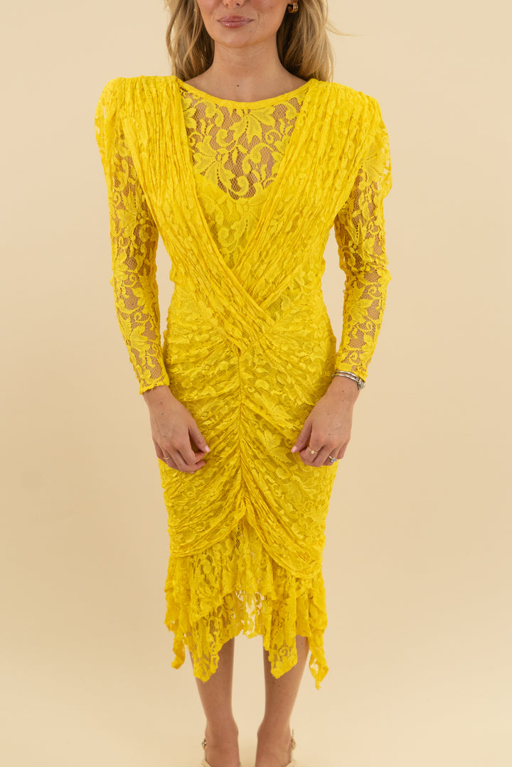 vibrant yellow lace ruched midi (s)