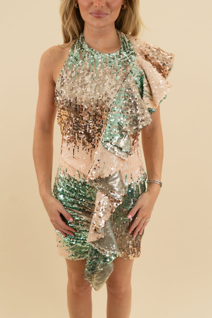 banjul halter sequin pink/green ruffle mini (m)