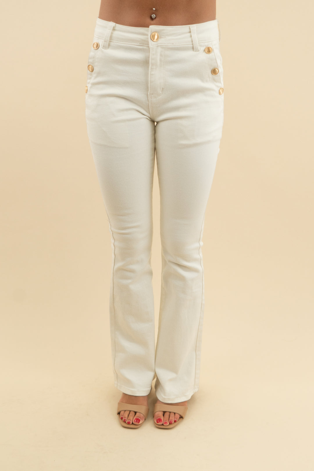 extasy white flare jeans with gold hardware (s)