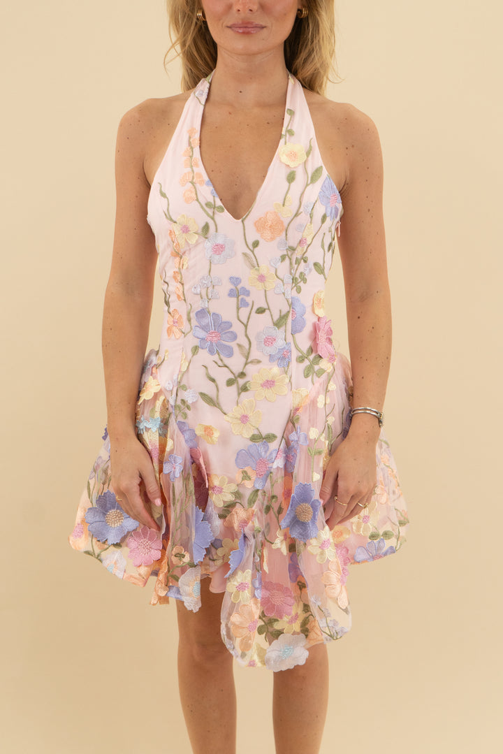 akira light pink floral halter mini dress nwt (s; retail $99.90)