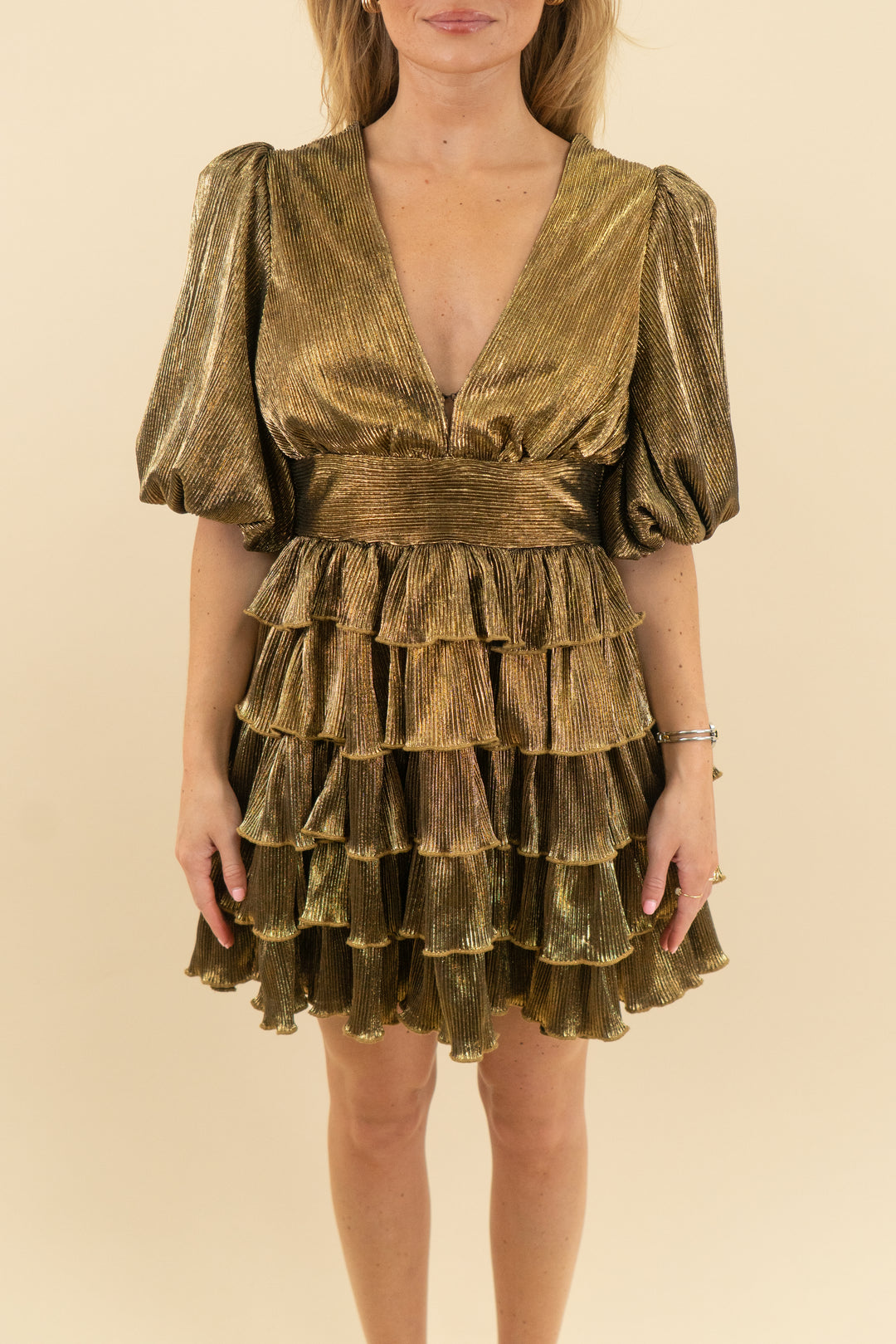 mable gold pleated ruffle mini dress (s)