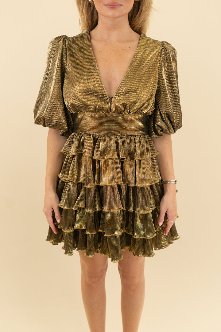 mable gold pleated ruffle mini dress (s)