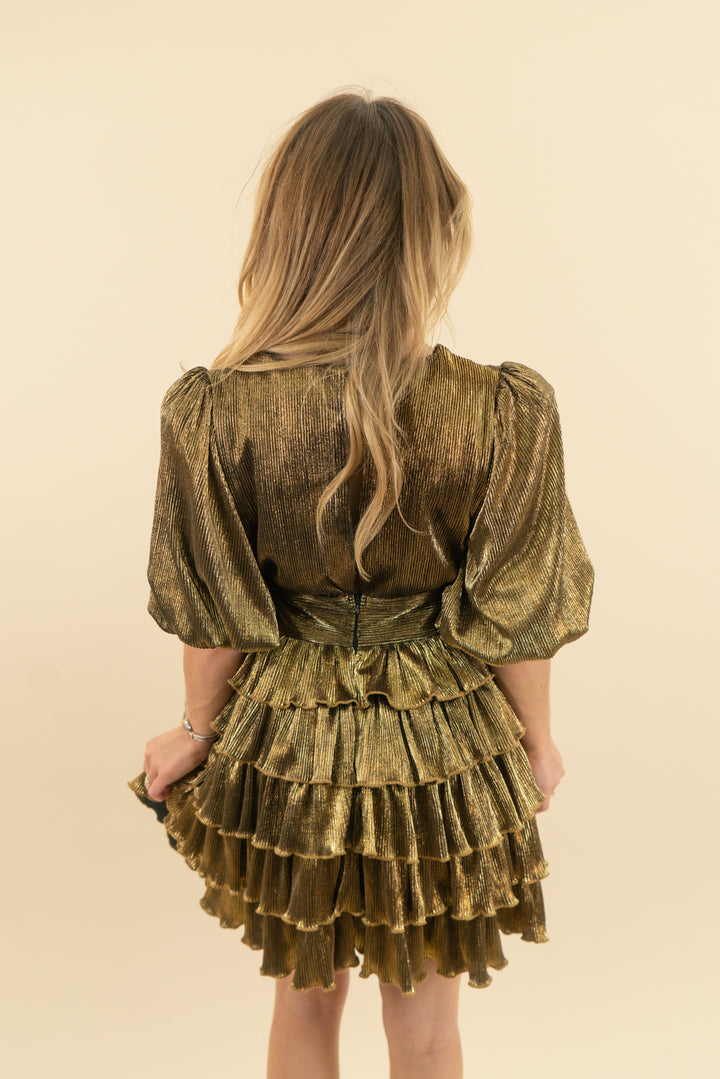mable gold pleated ruffle mini dress (s)