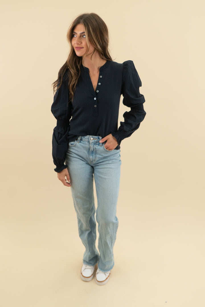 veronica beard navy ribbed cinched long sleeve top (s)