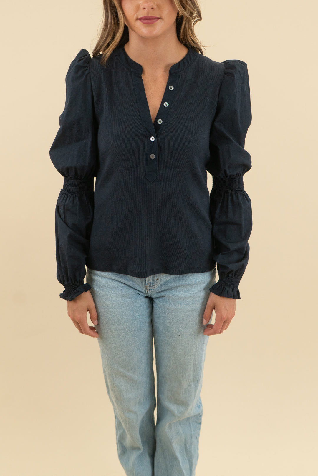 veronica beard navy ribbed cinched long sleeve top (s)