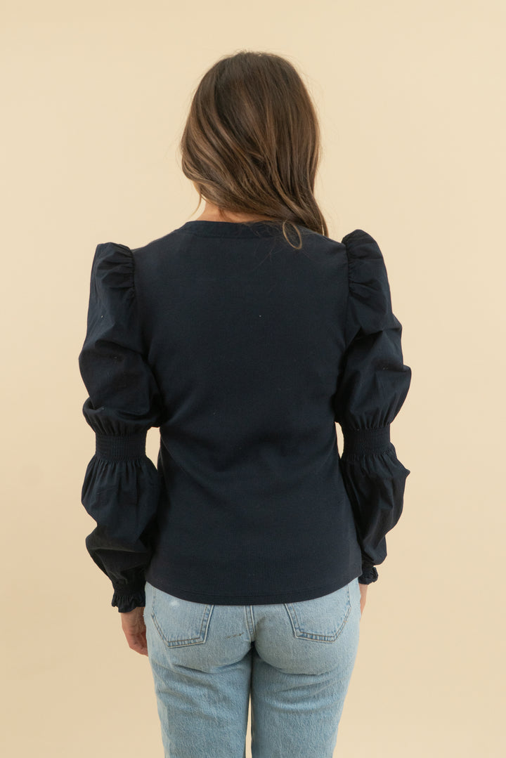veronica beard navy ribbed cinched long sleeve top (s)
